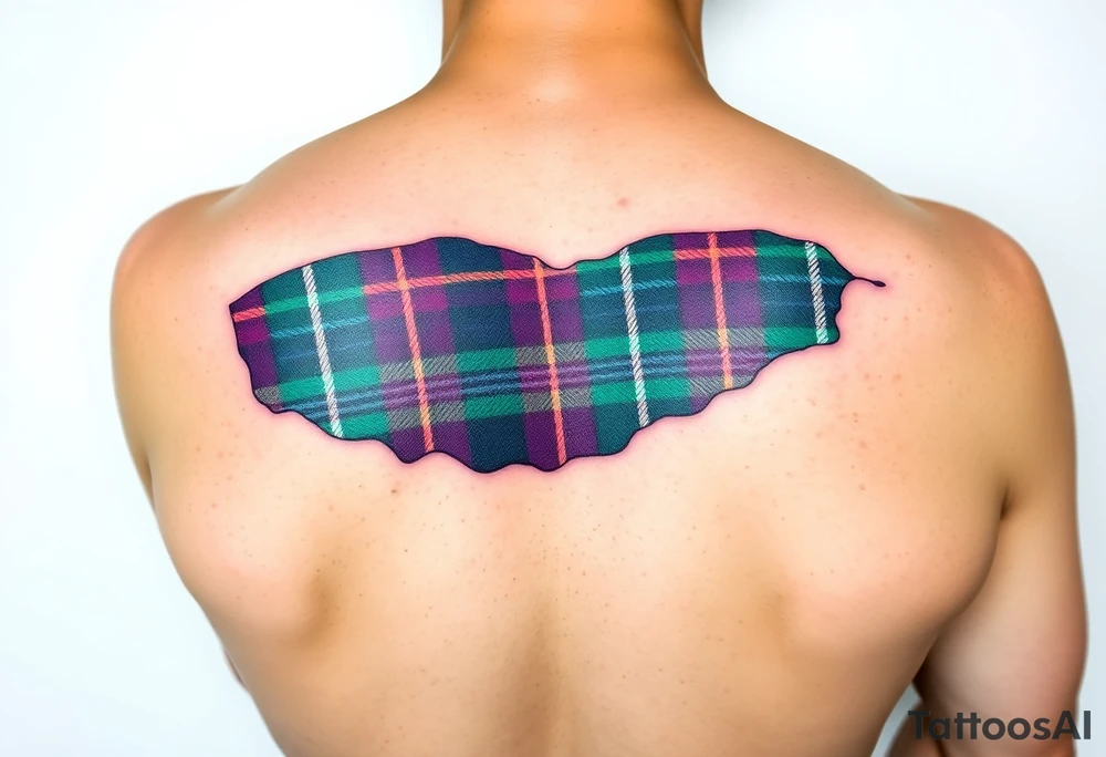 arm Dark Purple with green pink blue and white highlights tartan fabric with flesh peeling away at edges tattoo idea