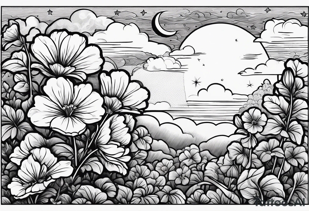 Geraniums as rain clouds with a crescent moon behind tattoo idea