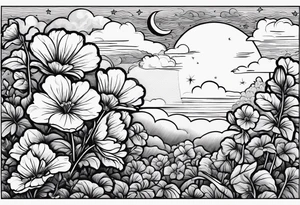 Geraniums as rain clouds with a crescent moon behind tattoo idea