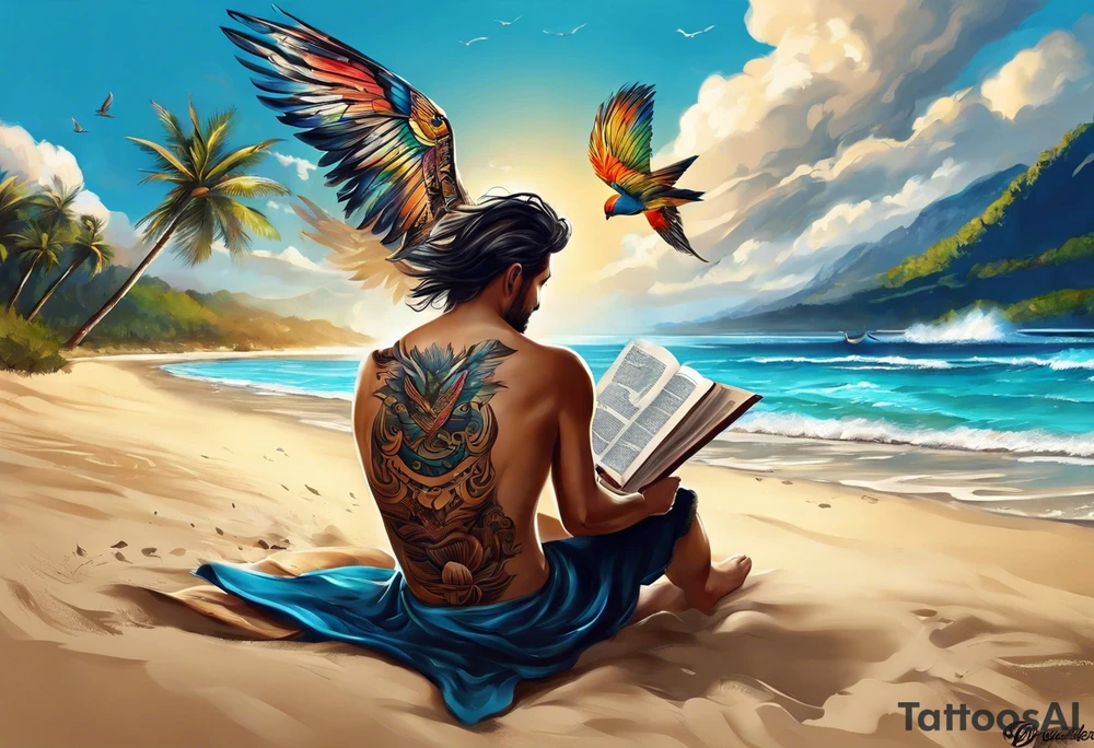Someone is sitting on the beach reading a book and the pages are flying in the wind, the purpose of the tattoo is to emphasize that just as the pages are flying in the wind, you also have to flip through situations in life tattoo idea