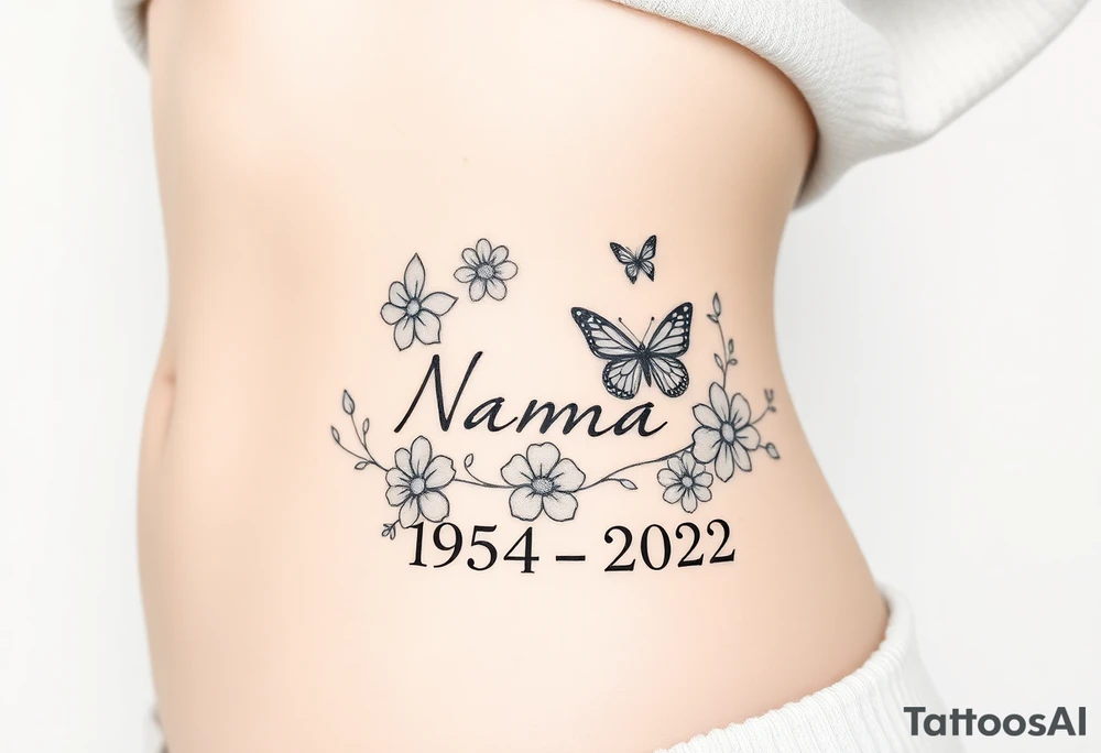 flowers and butterflies with the name “NANA” and the date “1954-2022” mixed all together on the side of the rib cage tattoo idea