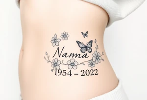 flowers and butterflies with the name “NANA” and the date “1954-2022” mixed all together on the side of the rib cage tattoo idea