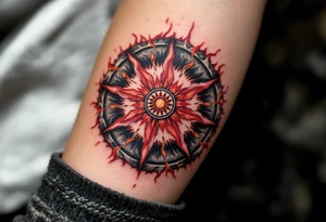 Kolovrat — A bold red eight-spoked sun wheel rotating clockwise, set in a circle with carved stone texture and shadowed edges, surrounded by flame-like rays. tattoo idea