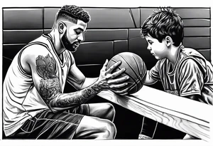 man handing a basketball to kid on a bench tattoo idea