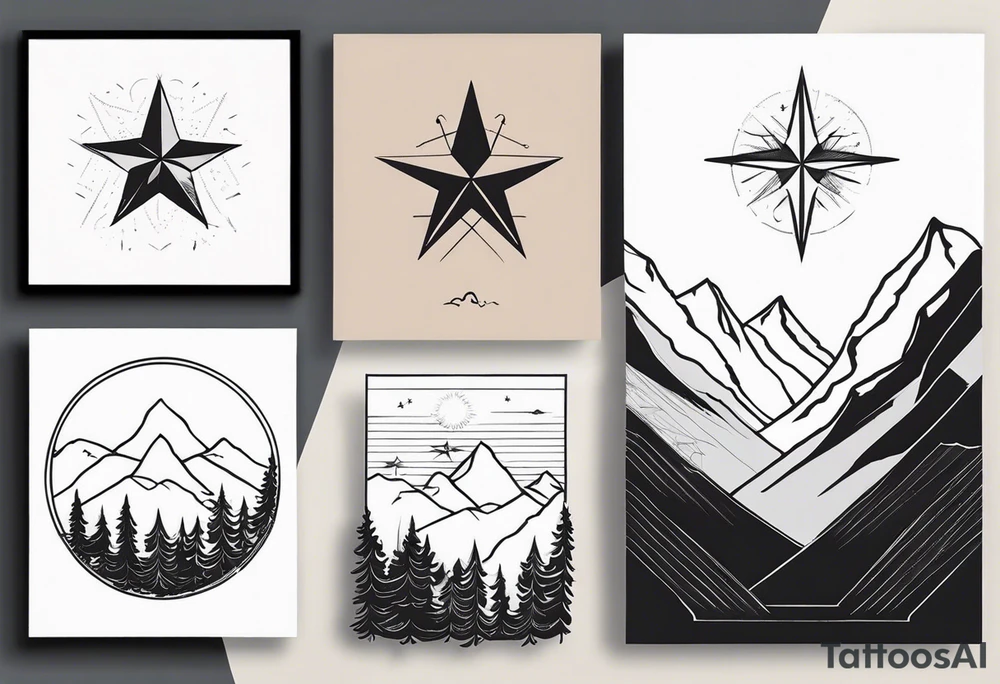 Three Peaks, Three Stars, Swords, and Vines: Create a minimalistic fine line tattoo for a right upper arm half sleeve. Feature three rugged mountain peaks, each topped with a simple star. Emphasize crossed swords, integrating with abstract, feather-like patterns that evoke the Valkyrie spirit. Keep the design in clean, simple lines, emphasizing the serene and mystical qualities without text. tattoo idea