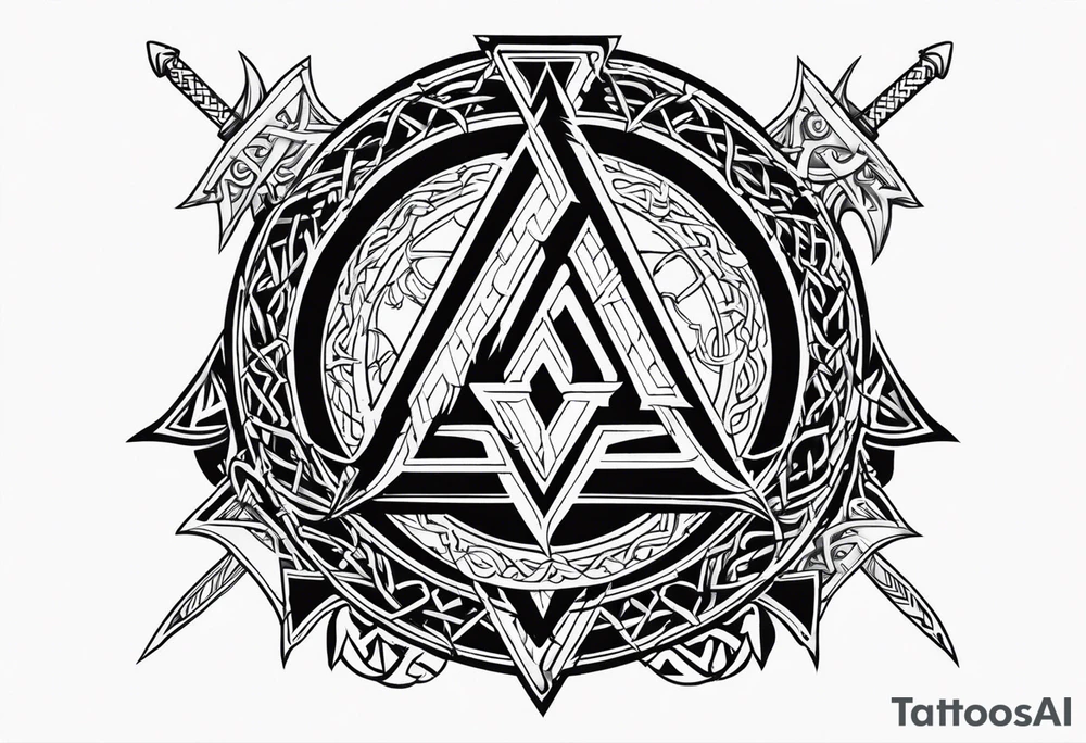 Valhalla valknut shield sword  axe barbed wire tattoo idea