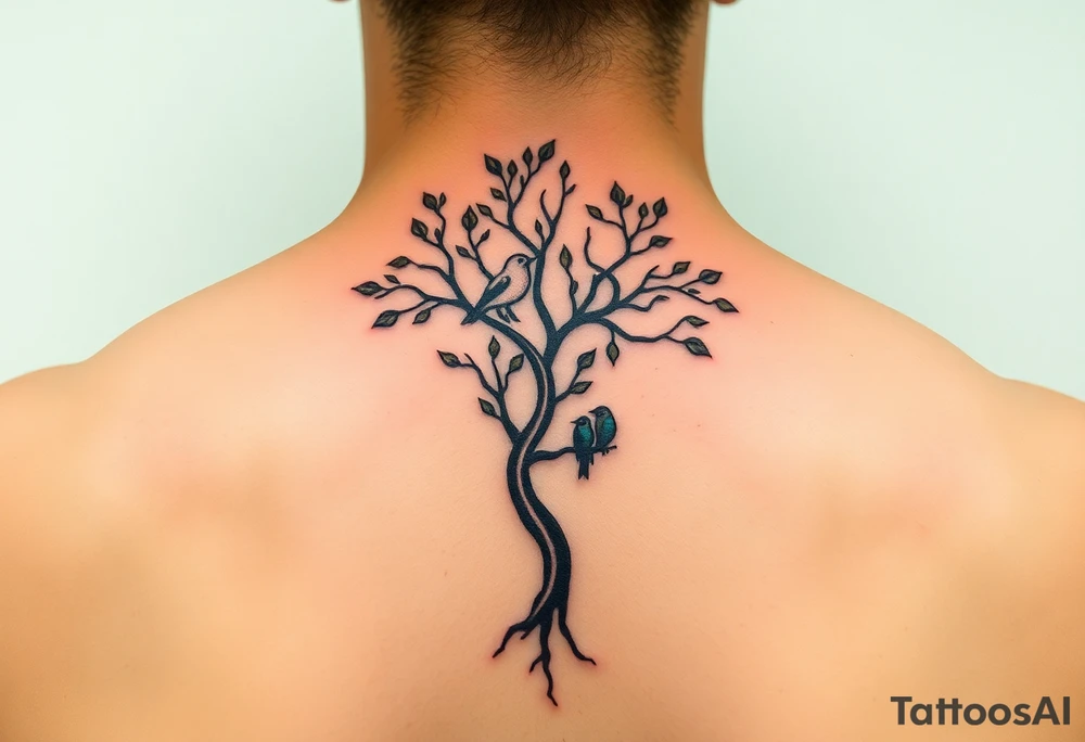 A delicate tree with two birds perched on its branches, symbolizing family growth. (Color: Earthy greens and browns with soft pastel birds) tattoo idea