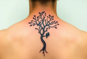 A delicate tree with two birds perched on its branches, symbolizing family growth. (Color: Earthy greens and browns with soft pastel birds) tattoo idea