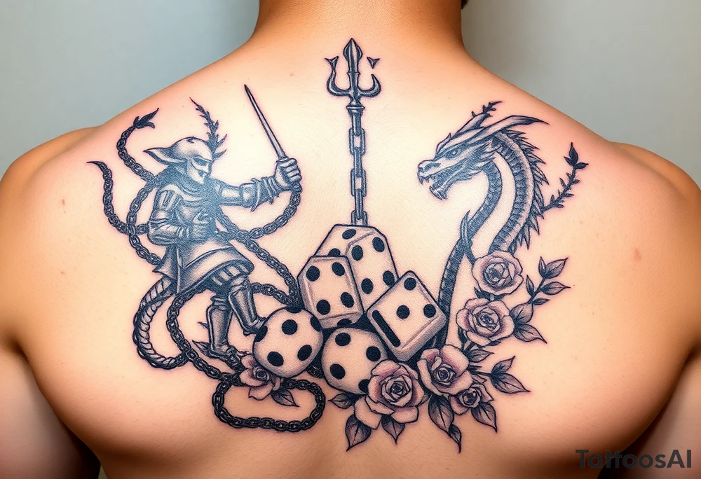 squid, knight and dragon combined with chains, tree roots, cherry blossoms and roses rolling dice tattoo idea