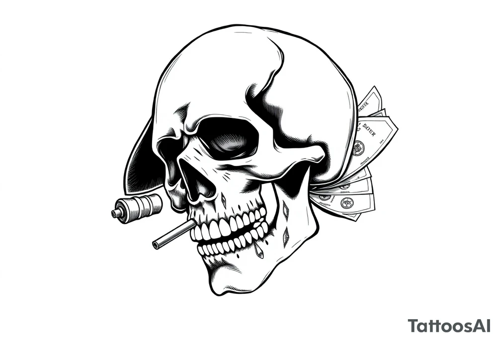 skull with cigar in his mouth,a mustache,a top-hat and money in a hand. tattoo idea