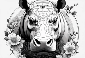 Asymmetrical, geometric, chinese ink art touch, hippo , full moon, wintersweet flower, light , modify from my favourite, s-shape tattoo idea