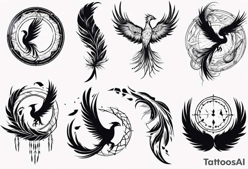 Vertical open mouthed flying Phoenix in circle with long abstract dream catcher feather tail tattoo idea