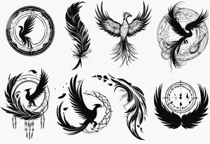 Vertical open mouthed flying Phoenix in circle with long abstract dream catcher feather tail tattoo idea