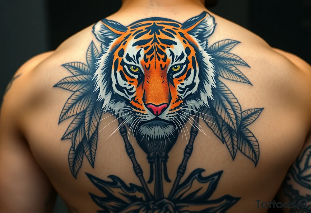 Bengal tiger wearing Muay Thai attire as a person would. The surrounding area is jungle tattoo idea