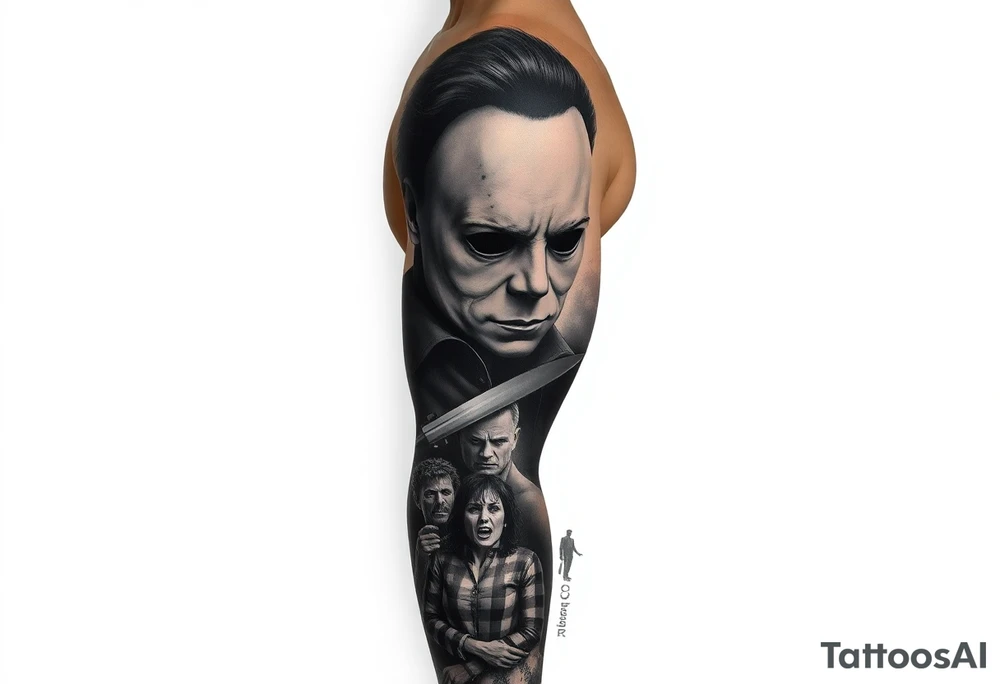 powerful majestic horor icon michael myers, surrounded by other horror icons and an icon scene from Halloween movie tattoo idea