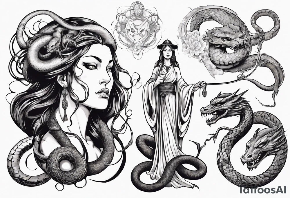 Beautiful Godess Hekate, surroundet by a snake and a japanese Dragon. tattoo idea
