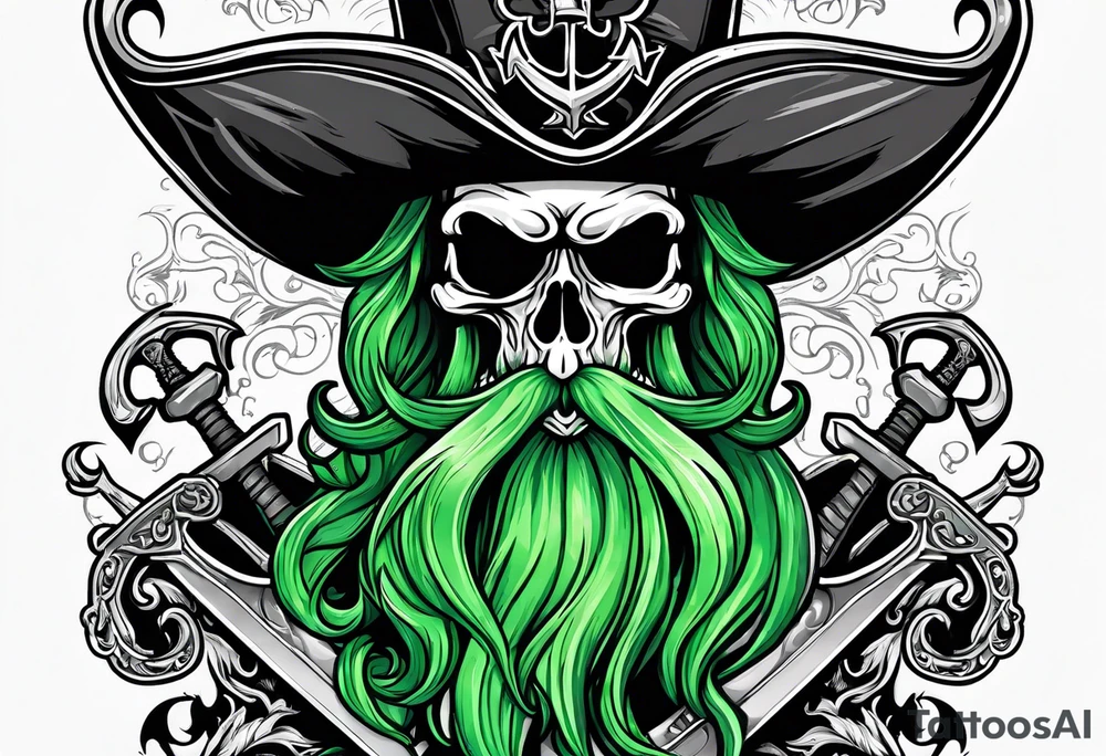 green pirate squid holding sword and anchor, black hat, skull face, beard tattoo idea
