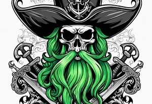 green pirate squid holding sword and anchor, black hat, skull face, beard tattoo idea