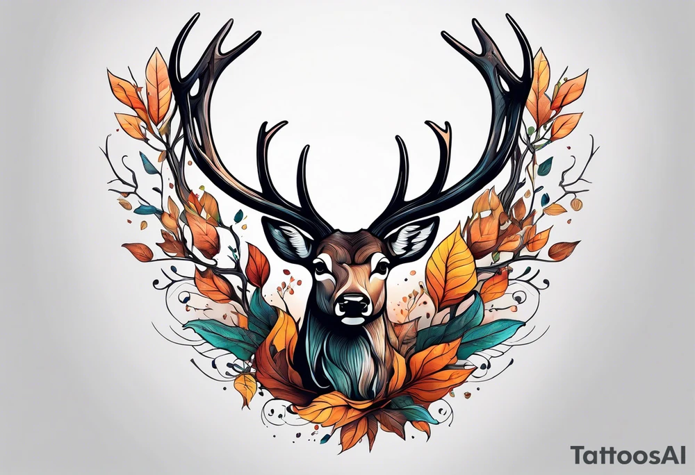 deer antlers flying away in leaves tattoo idea