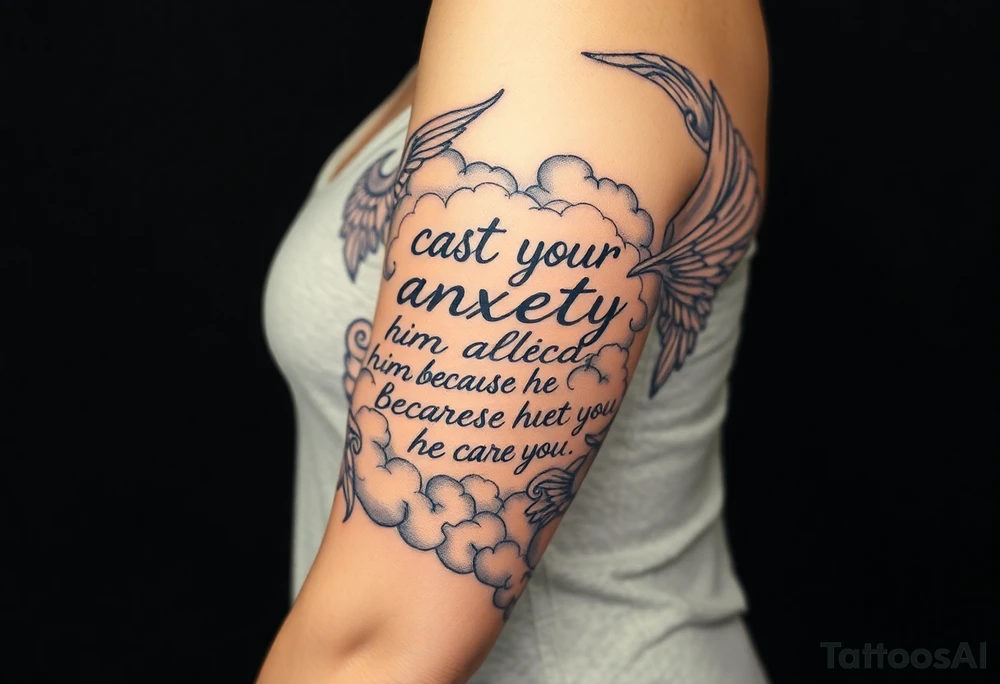 cast all your anxiety on him because he cares for you"  surrounded with clouds and angels tattoo idea