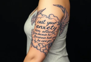 cast all your anxiety on him because he cares for you"  surrounded with clouds and angels tattoo idea