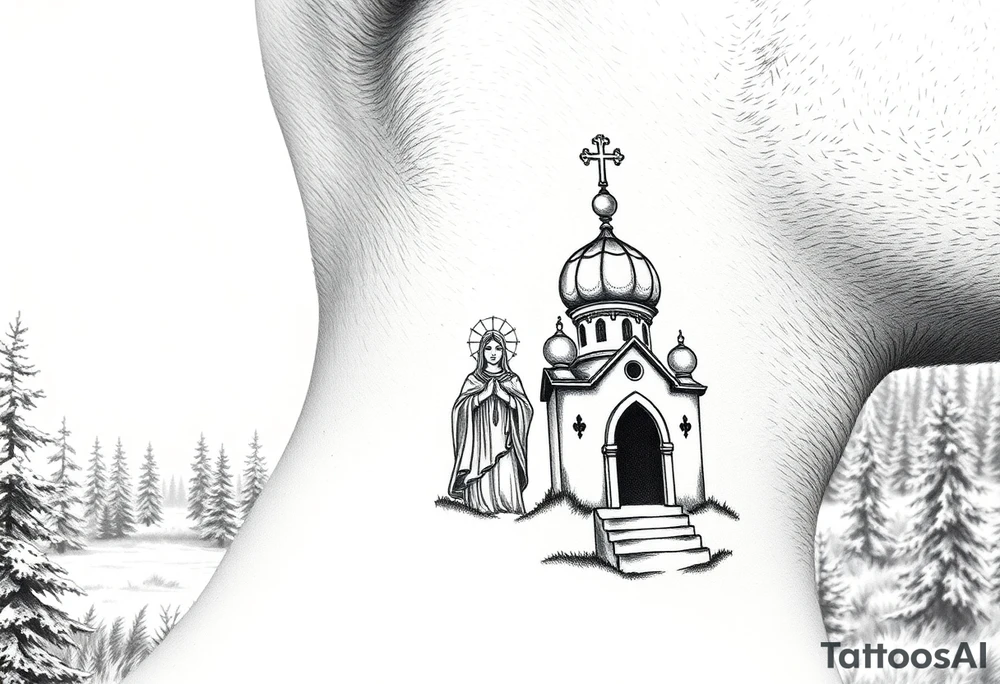 russian coat arms traditional christian orthodox cross with a virgin mary stood in the entrance of a russian orthodox dome church on the side of the neck in a wilderness setting tattoo idea