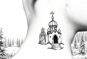 russian coat arms traditional christian orthodox cross with a virgin mary stood in the entrance of a russian orthodox dome church on the side of the neck in a wilderness setting tattoo idea