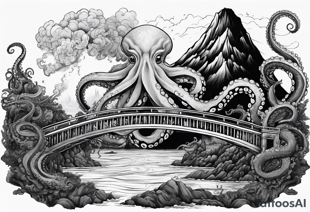 Octopus attacking a bridge with volcano in background erupting tattoo idea