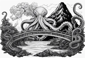 Octopus attacking a bridge with volcano in background erupting tattoo idea