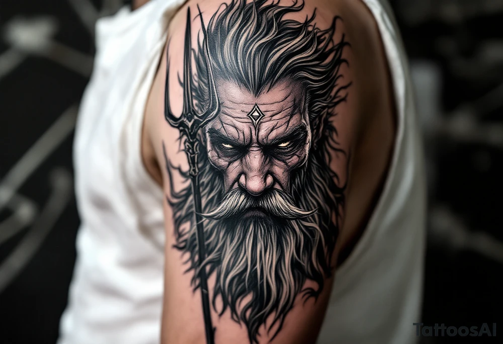 close-up gentle poseidon behind a trident tattoo idea