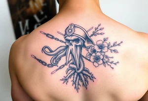 Squid and spartan and sailor hat combined with chains, tree roots, cherry blossoms and roses rolling dice tattoo idea