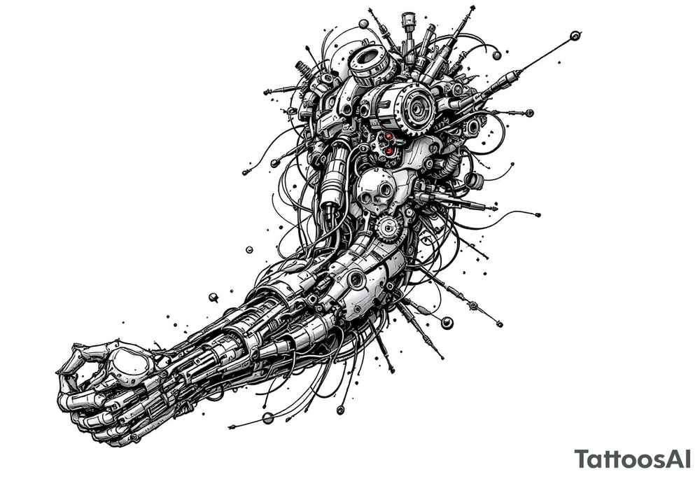 This biomechanical tattoo design creates the illusion of mechanical parts under the skin. It features gears, pistons, and wires, giving the arm a cybernetic look. Realistic shading enhances the fusion of flesh and machine tattoo idea