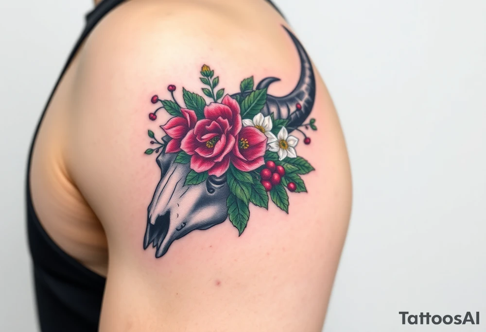 Buffalo or bison skull with flowers. Peony, snowdrop, holly with berries, larkspur, peony. Colour. For upper arm or shoulder. Masculin. tattoo idea