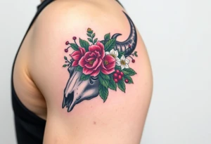 Buffalo or bison skull with flowers. Peony, snowdrop, holly with berries, larkspur, peony. Colour. For upper arm or shoulder. Masculin. tattoo idea