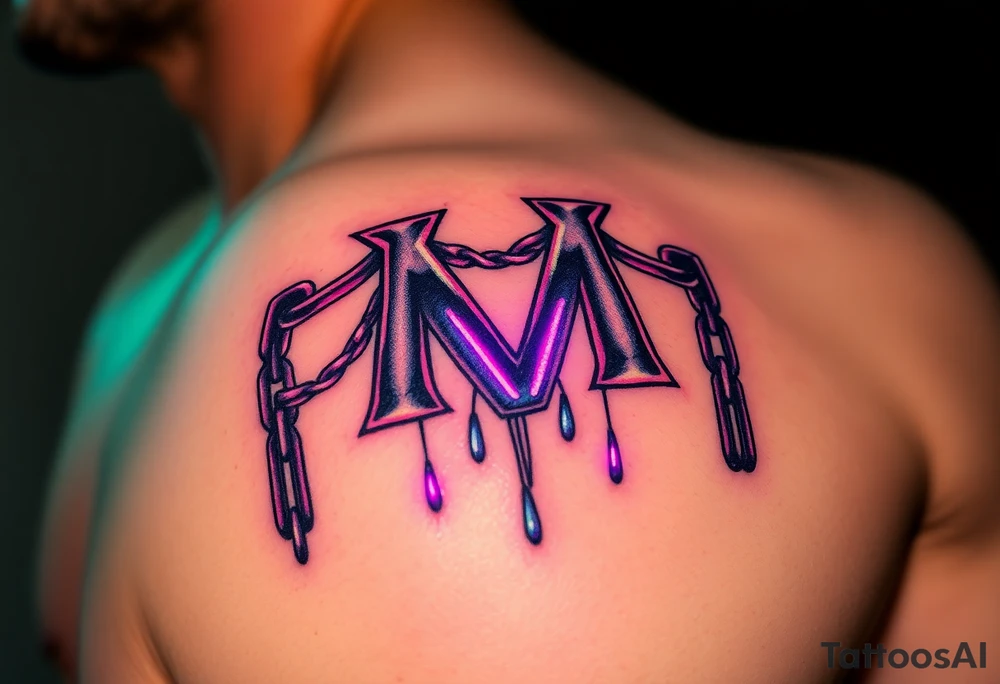 A series of chains in the shape of the "M" logo, broken and hanging down, glowing with neon green and purple light. tattoo idea