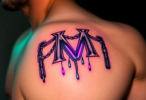 A series of chains in the shape of the "M" logo, broken and hanging down, glowing with neon green and purple light. tattoo idea