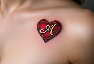 A deep red heart with a golden cursive letter "A" delicately engraved in the center, symbolizing passion and devotion. tattoo idea