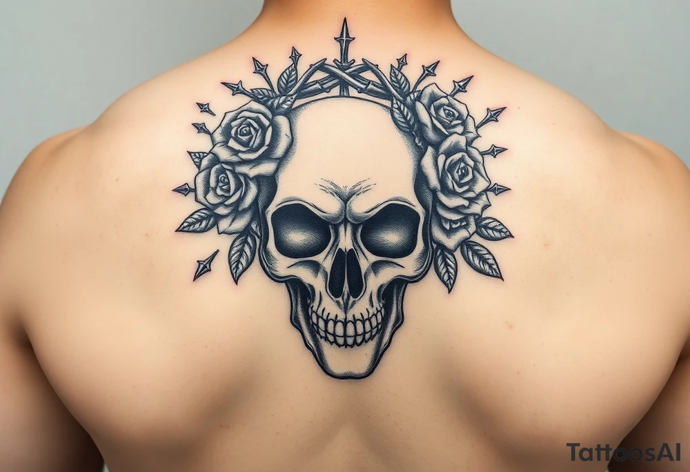 ornate skull adorned with crown of wild roses and thorns tattoo idea