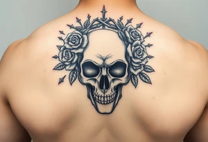 ornate skull adorned with crown of wild roses and thorns tattoo idea