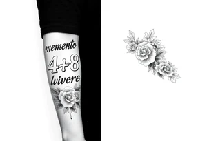 Half arm sleeve memento vivere on the formarm, 24/8 Kobe Bryant La lakers jersey font, NRL Retro logo Eastern Suburbs Roosters and roses and clock in blank space tattoo idea