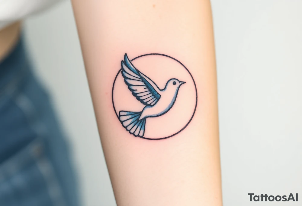 A collared dove flying through a crescent moon, with deep blue and white contrasts to represent spiritual freedom and serenity tattoo idea