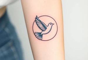 A collared dove flying through a crescent moon, with deep blue and white contrasts to represent spiritual freedom and serenity tattoo idea