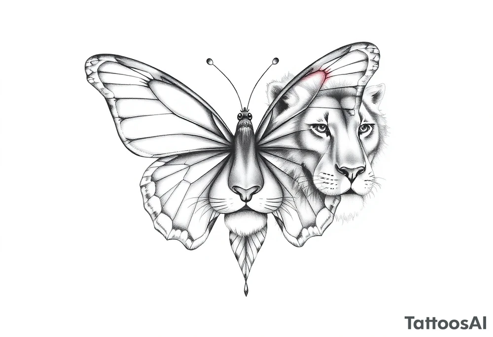 a butterfly half side with lions face tattoo idea