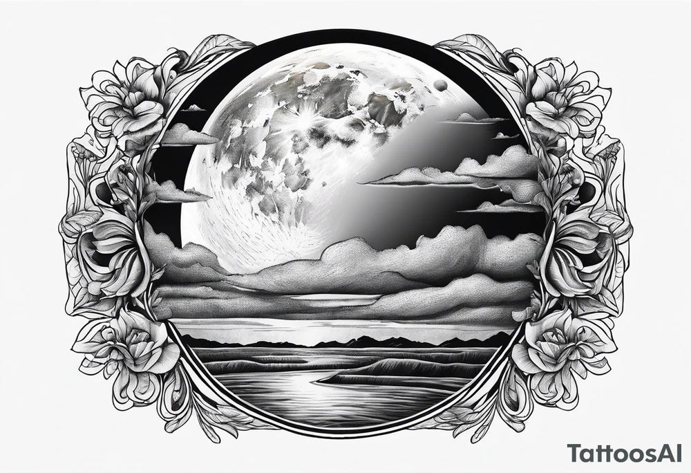 Full moon realistic, with one side rainbow edge. No adornments, the the moon tattoo idea