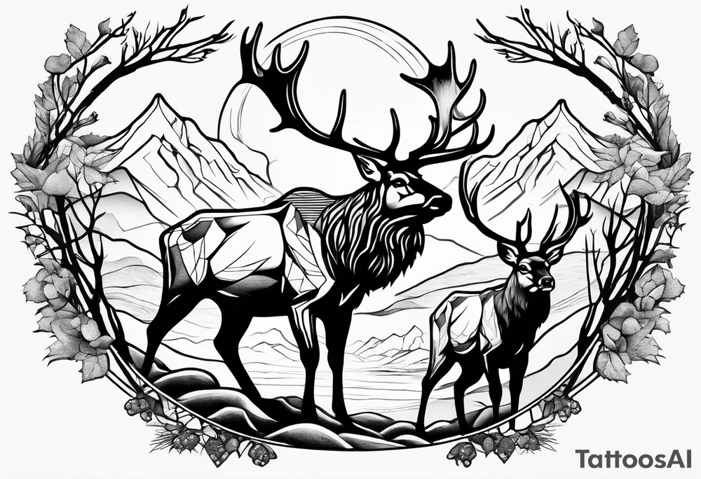 two elk fighting with mountains and stream in background tattoo idea two elk fighting with mountains and stream in background tattoo idea