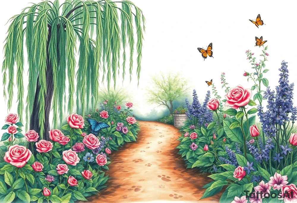 weeping willow garden with roses and liles flower beds. fantasy creatures, fairies, mermiads, dragons butterflies,  cat paw prints path in dirt. tattoo idea