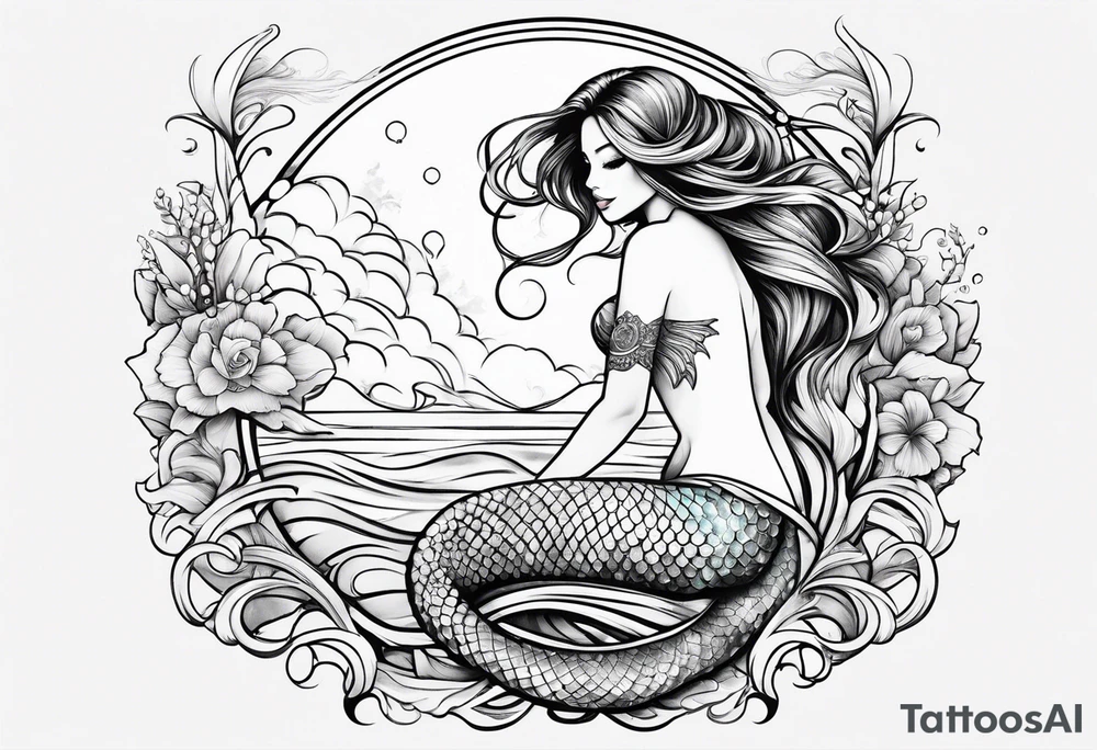 magical mermaid with long fan tail tattoo idea