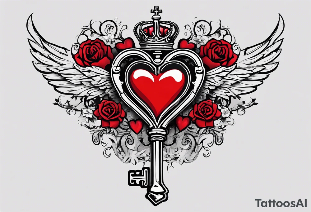 heart shaped skeleton key with antique metal appearance with the year 2016 on it. i also what to incorporate the queen of hearts as a background of the key or in the details of the design. the placement will be in the groin or bikini line tattoo idea