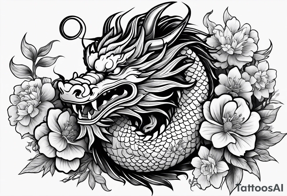 Chinese dragon with flowers tattoo idea