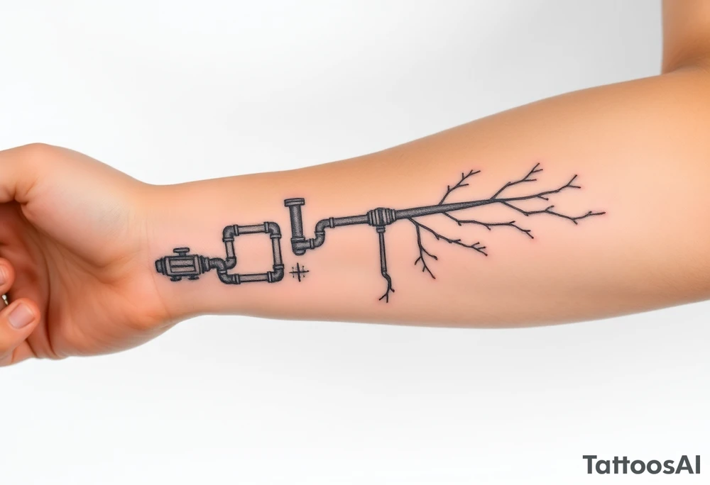 long System of pipes that transitions and transforms into veins of forearm tattoo idea